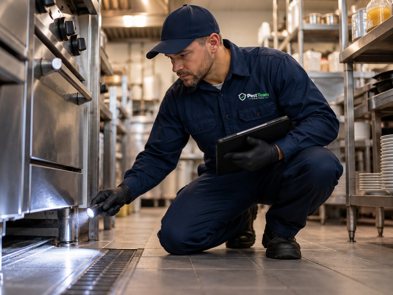 PestTeam technician inspecting under commercial kitchen equipment with a flashlight