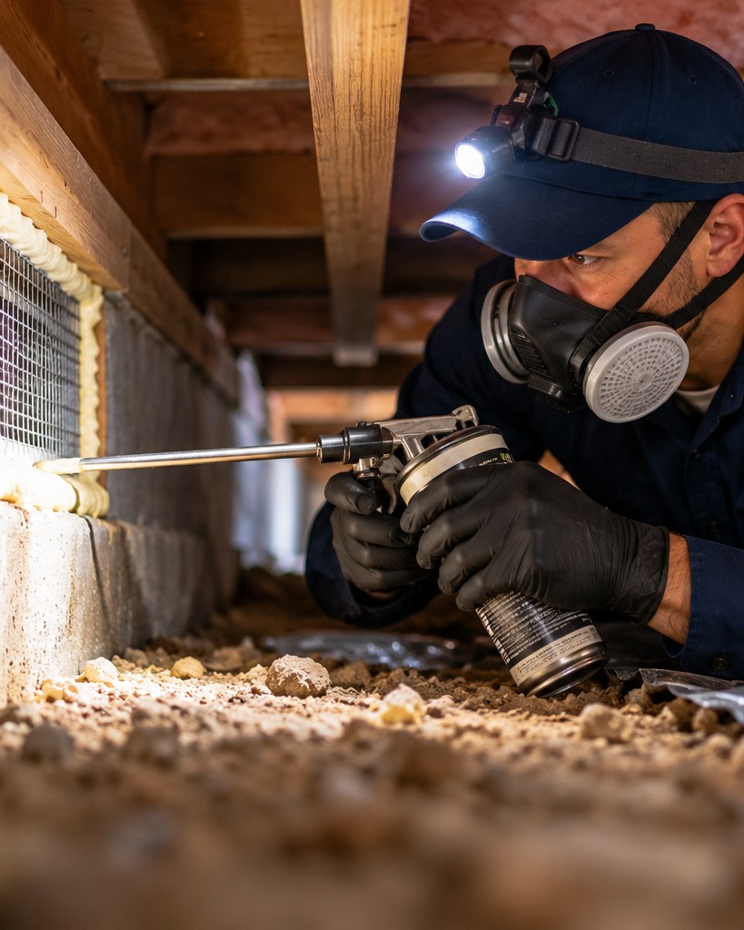 Technician sealing around a crawlspace vent screen