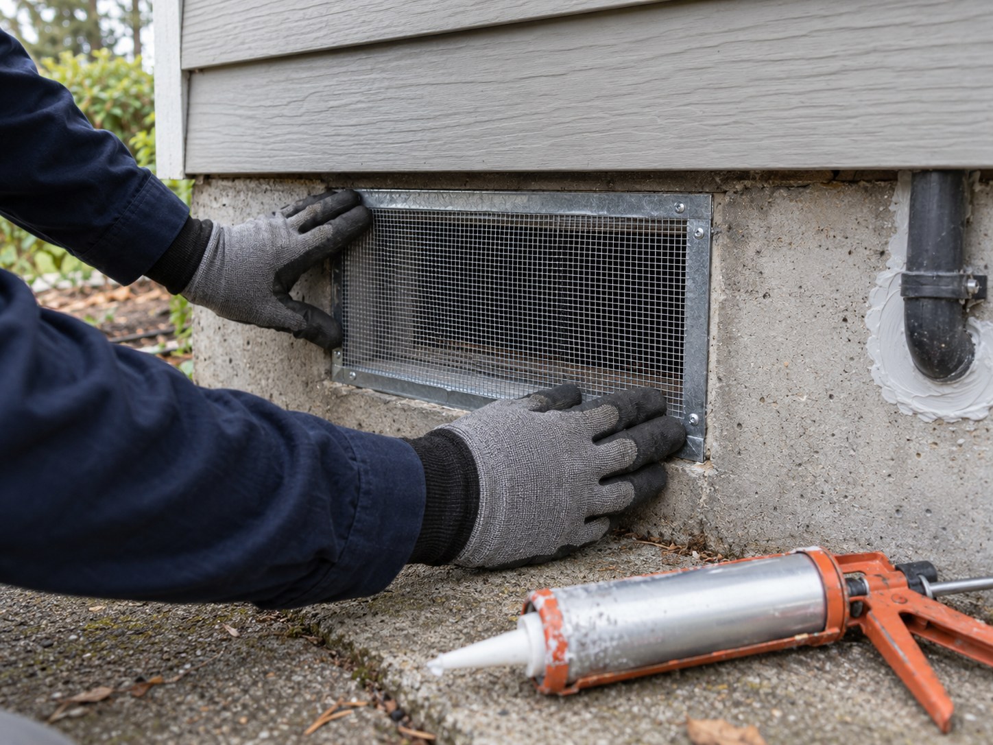 Technician fitting a metal mesh screen over a foundation vent, caulk gun beside it
