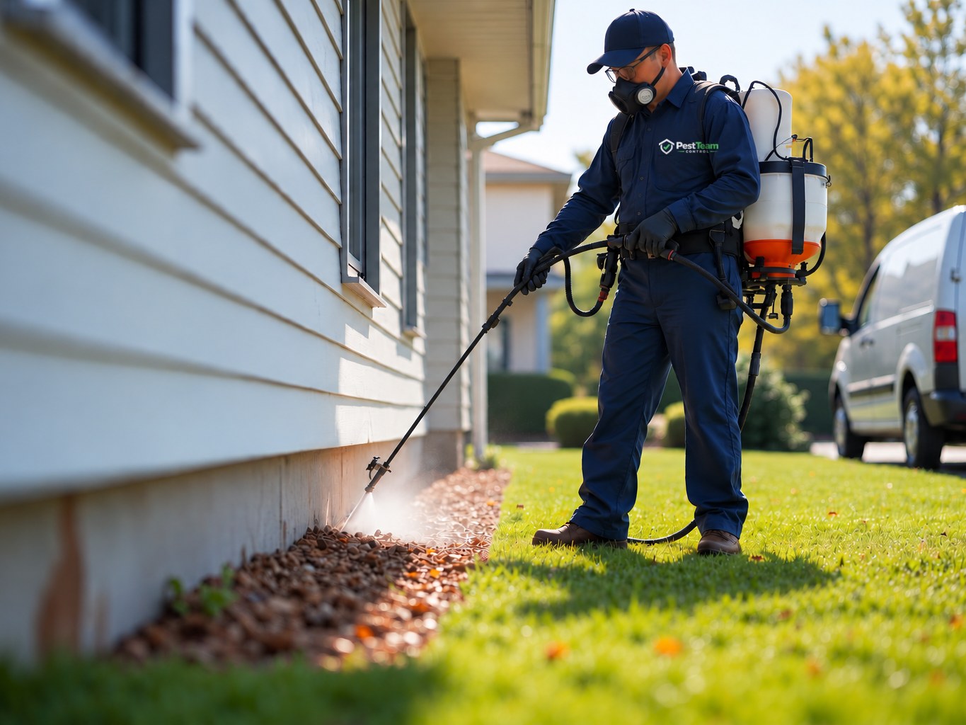 PestTeam technician applying a perimeter treatment along a home's foundation
