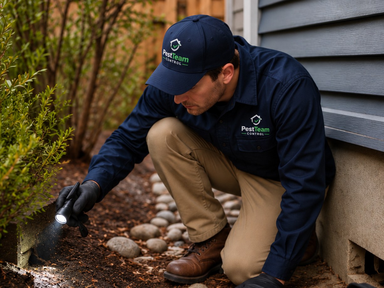 PestTeam technician checking along a home's foundation with a flashlight